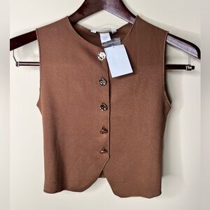 Women’s New H&M Brown Button Up Tank Vest With Gold Tone Buttons. XXS. Runs Big